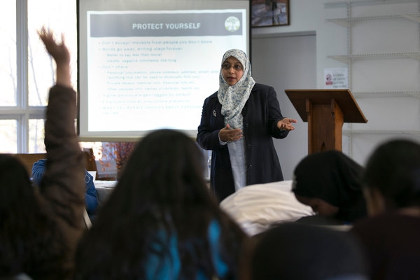  Humera Khan, the founder of Muflehun, a think tank that focuses on countering violent extremism, during a youth leadership and safety conference in Avon, Conn., in November. Credit Katherine Taylor for The New York Times 