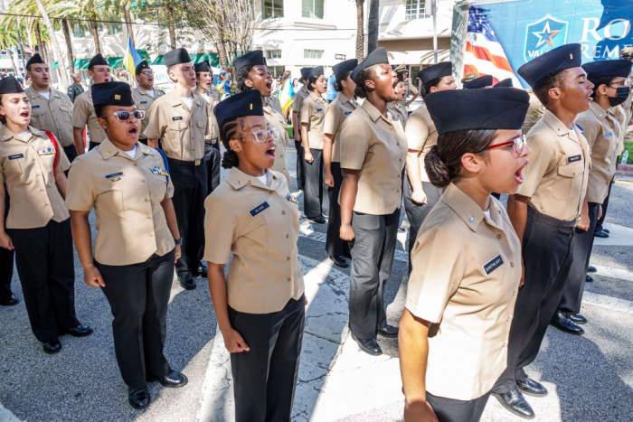 The G. Holmes Braddock Senior High School Naval JROTC Unit cadets at the Miami Beach, Florida Veterans Day Parade, November 11, 2022. 